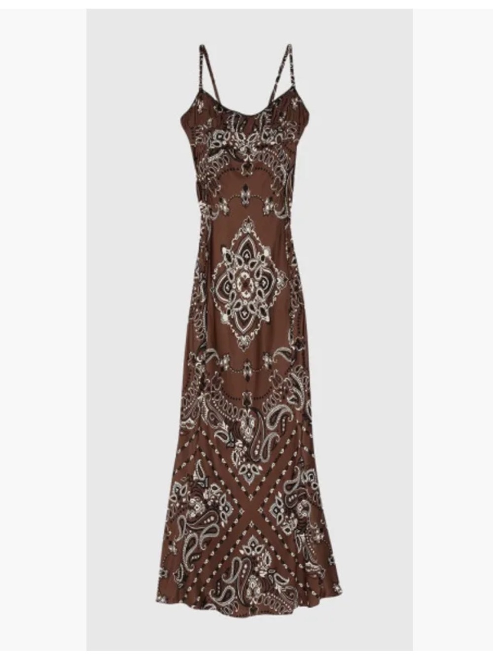 🐒 Camila Coelho Bandana Brown Paisley Slip Maxi Dress with Cream Accents